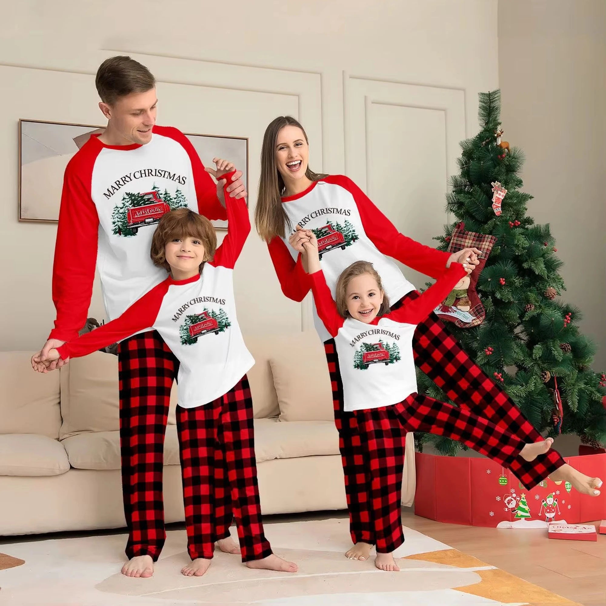 Merry Christmas Red Truck Family Matching Pajamas Red Buffalo Plaid