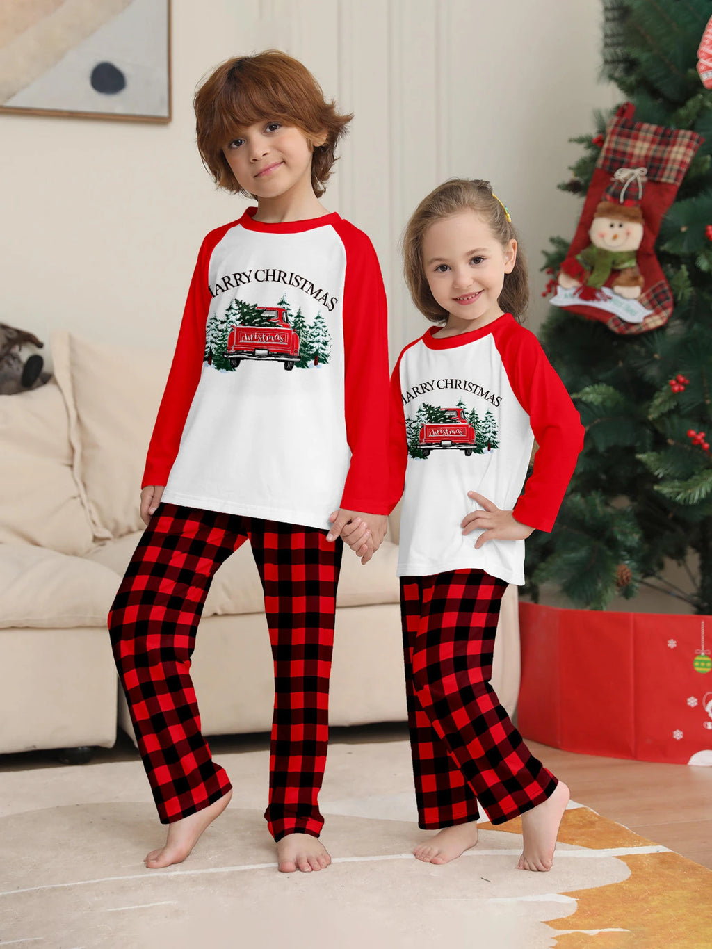 Merry Christmas Red Truck Family Matching Pajamas Red Buffalo Plaid