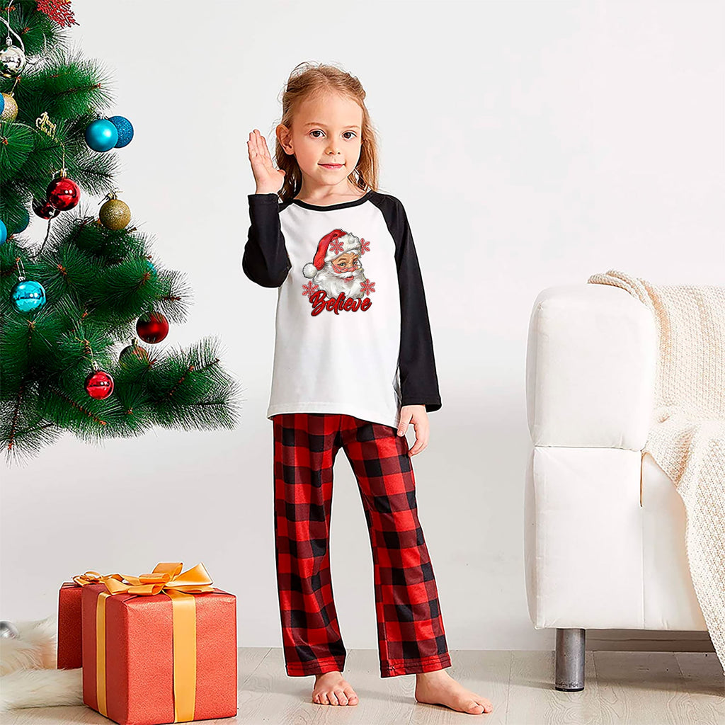 Santa Believe Matching Pajamas Red Plaid with Red Sleeves for Festive Family Fun
