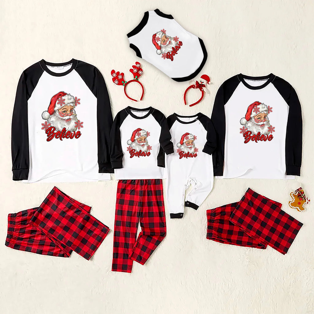Santa Believe Matching Pajamas Red Plaid with Red Sleeves for Festive Family Fun