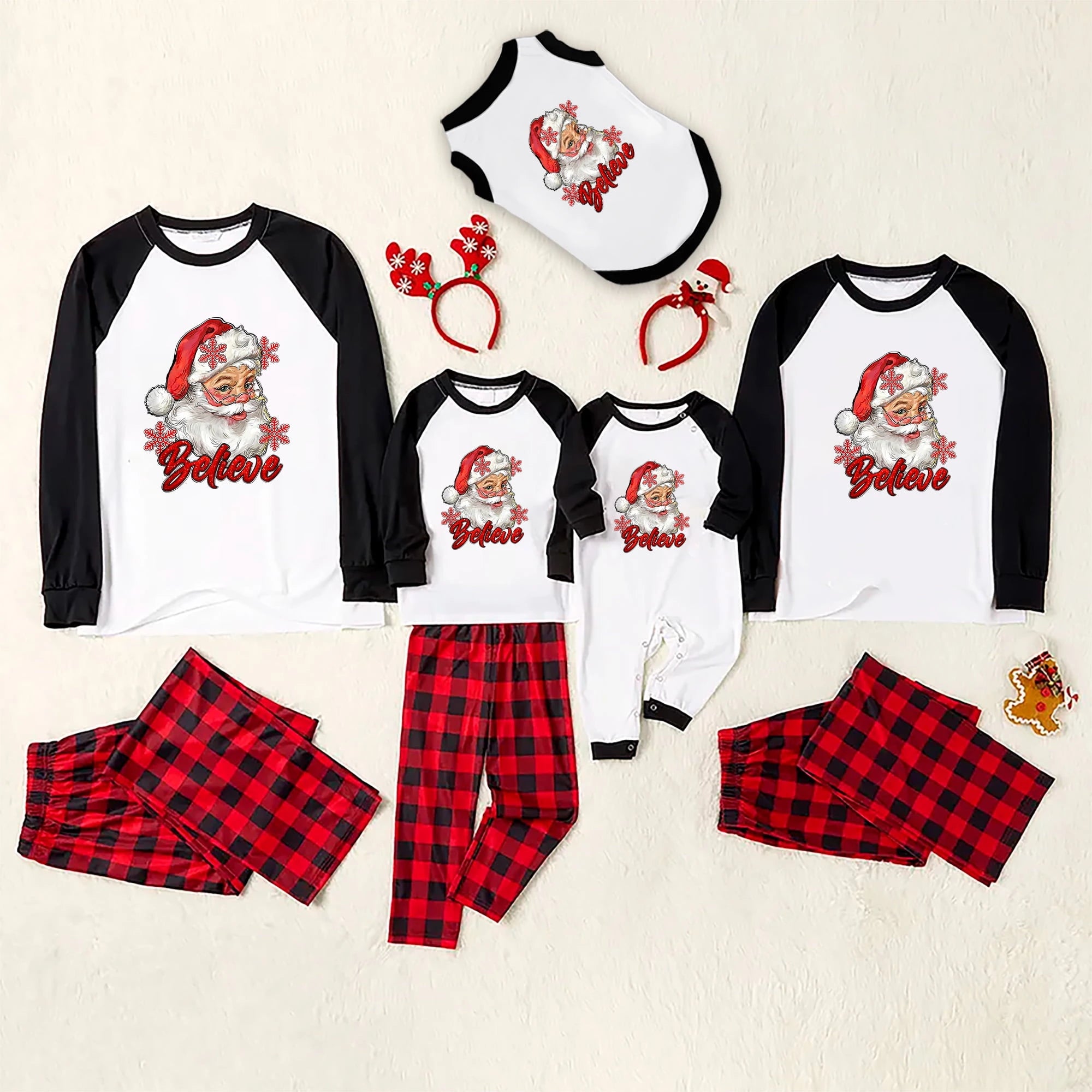 Santa Believe Matching Pajamas Red Plaid with Red Sleeves for Festive Family Fun