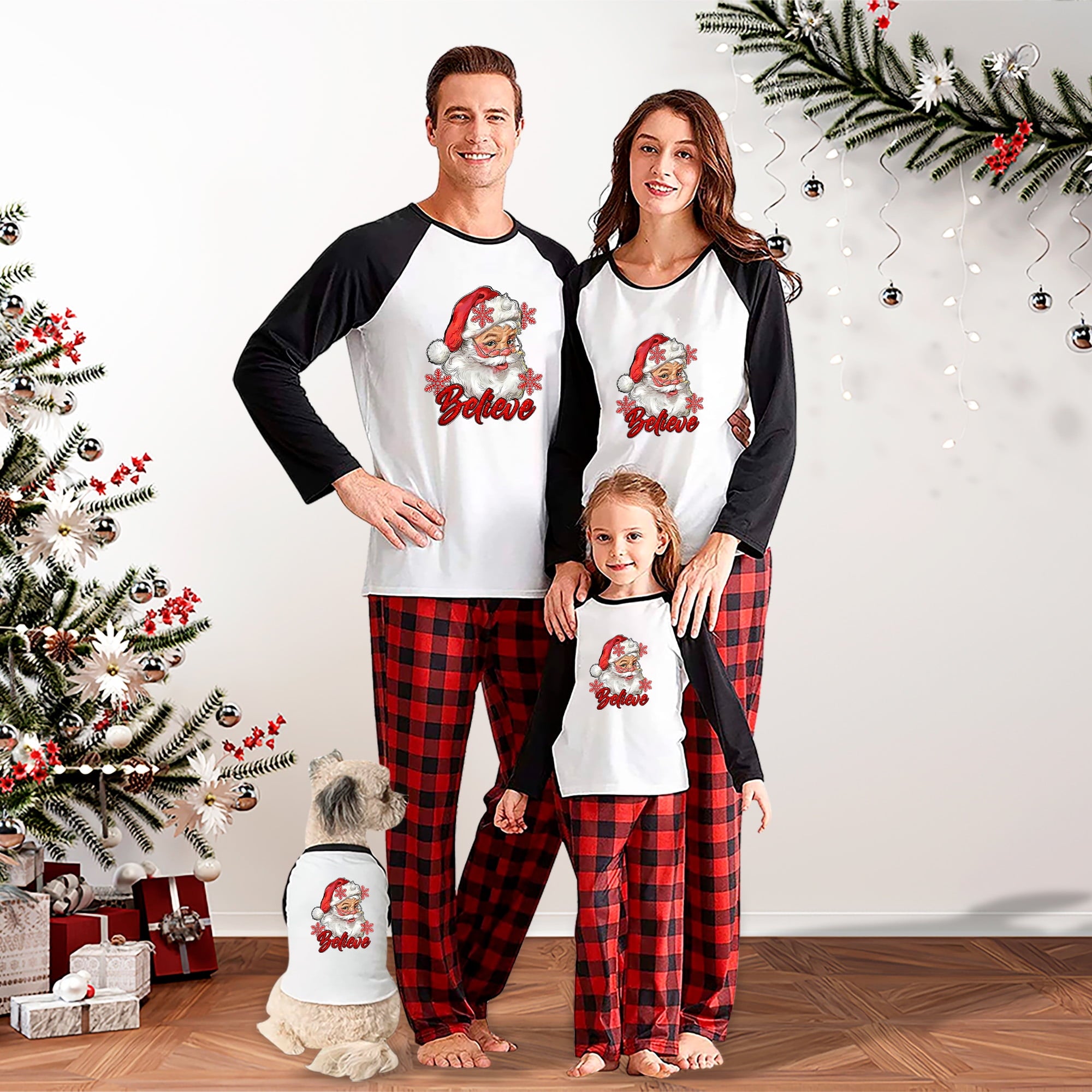 Santa Believe Matching Pajamas Red Plaid with Red Sleeves for Festive Family Fun