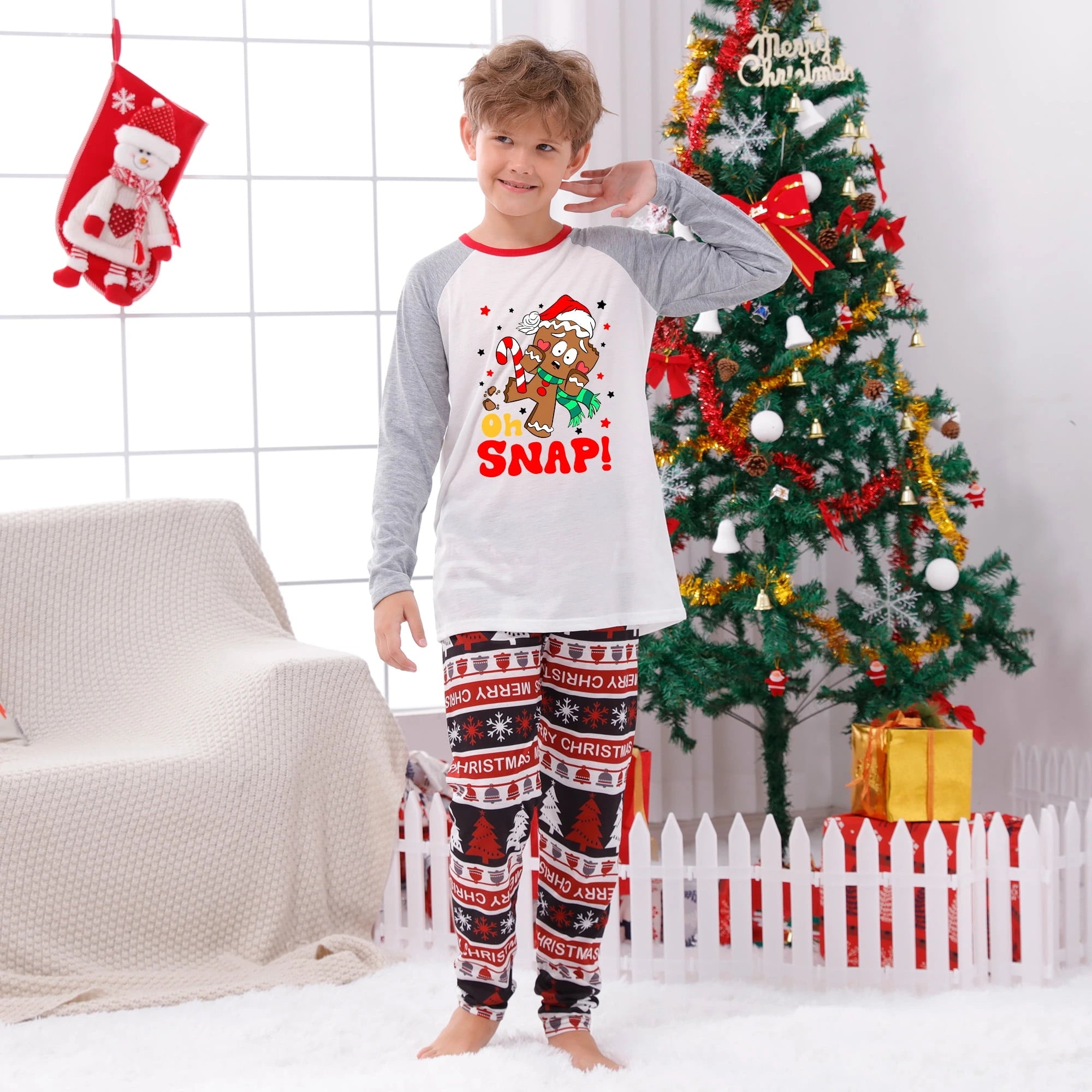 Oh Snap Gingerbread Christmas Matching Family Pajama Set Red and Gray