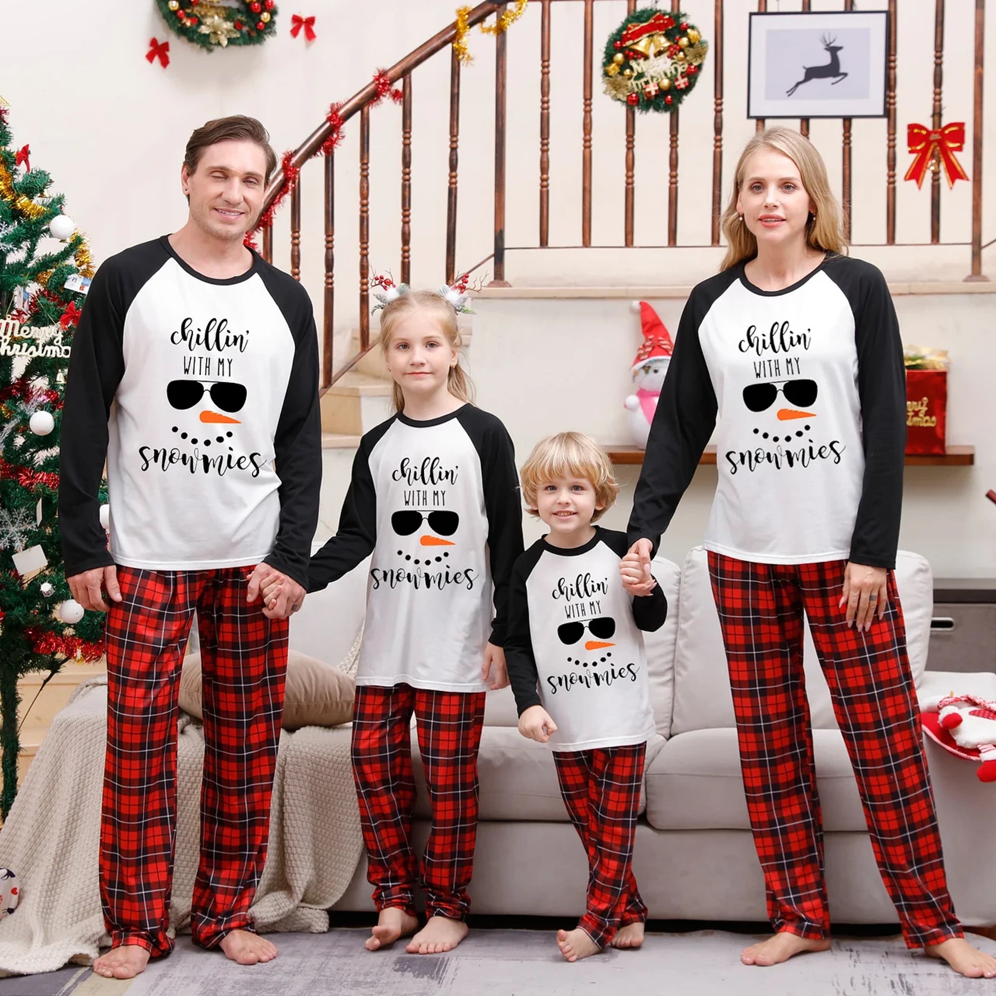 Chillin' with my Snowmies Black Red Christmas Family Matching Pajamas
